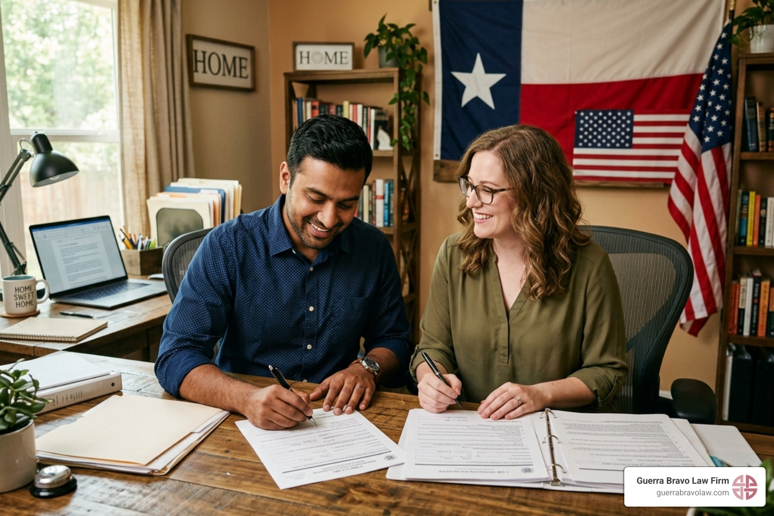 A couple in Texas signing legal documents for their Green Card application - citizenship through marriage texas