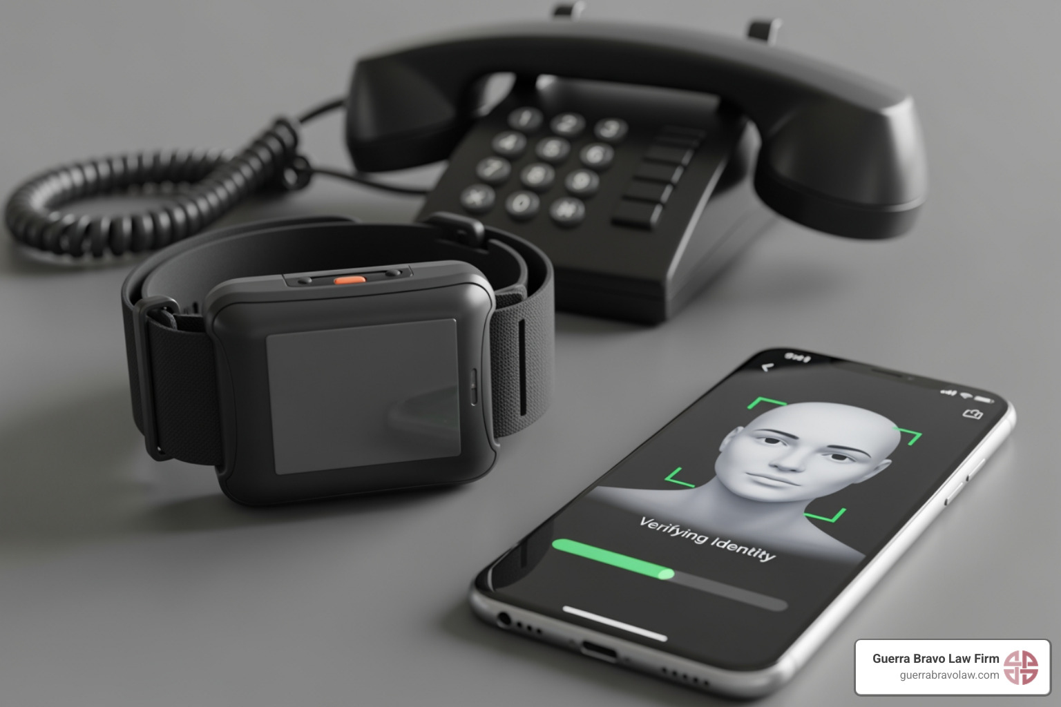 Alternatives to Detention technologies - A graphic showing a GPS ankle monitor, a smartphone with a facial recognition app, and a phone for telephonic reporting - ICE ERO detention