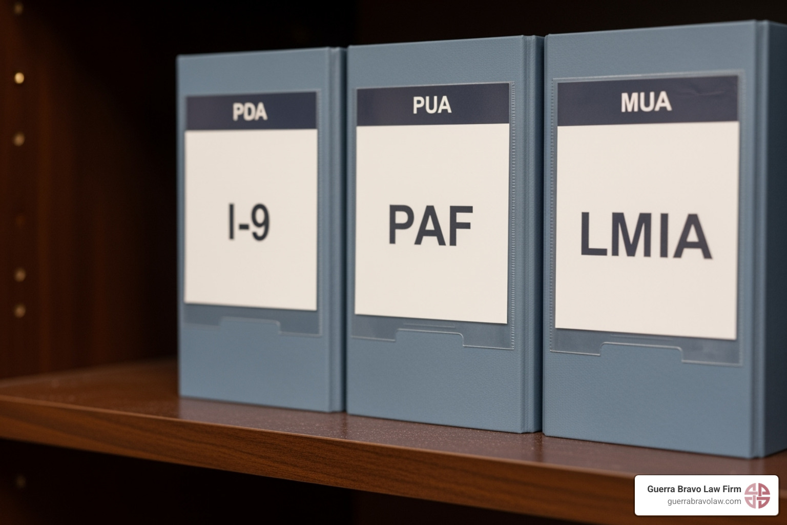 organized files labeled "I-9," "PAF," and "LMIA." - immigration law compliance organized files labeled "I-9," "PAF," and "LMIA." - immigration law compliance