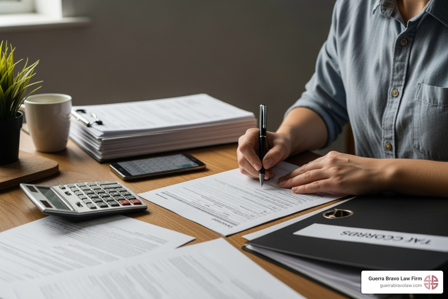 Persona llenando un formulario de USCIS con documentos y una calculadora - Perdones de inmigracion