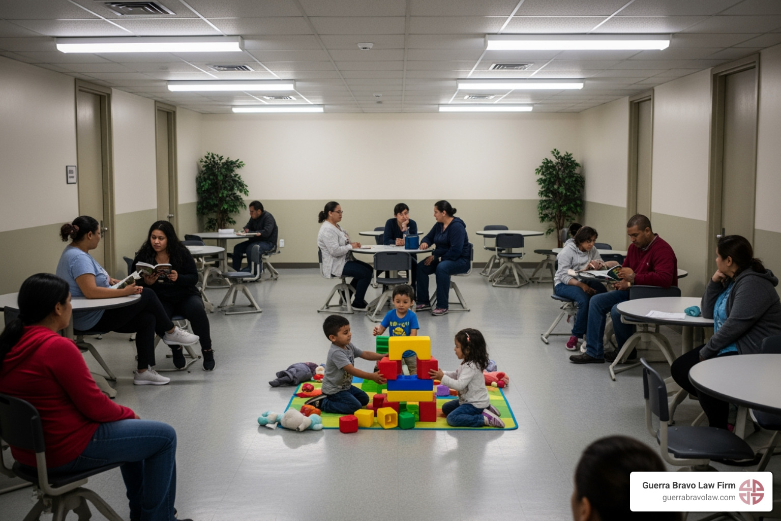 Common area inside a family detention facility, with families gathered - trump administration immigrant family detention resumption Common area inside a family detention facility, with families gathered - trump administration immigrant family detention resumption